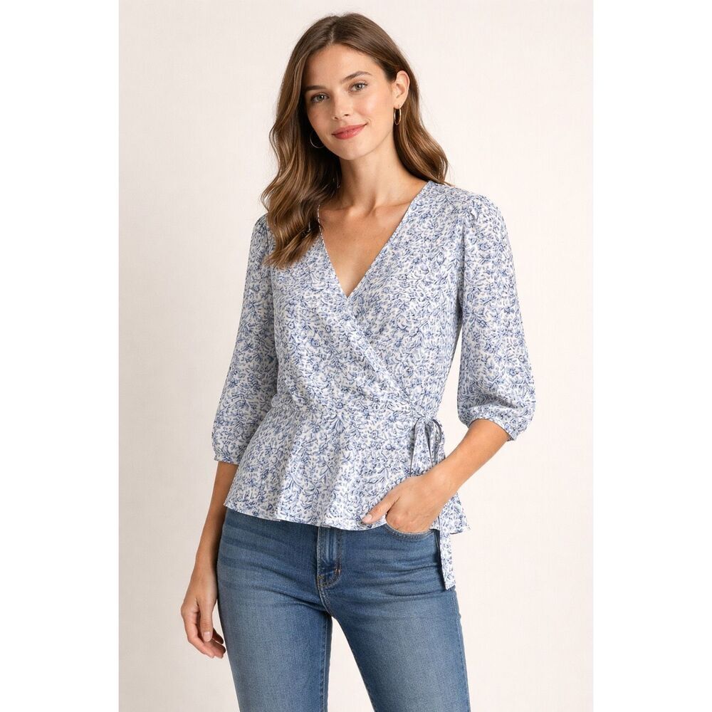 Banana Republic Blue Floral Wrap Top Women’s Tall Medium Rayon NWT